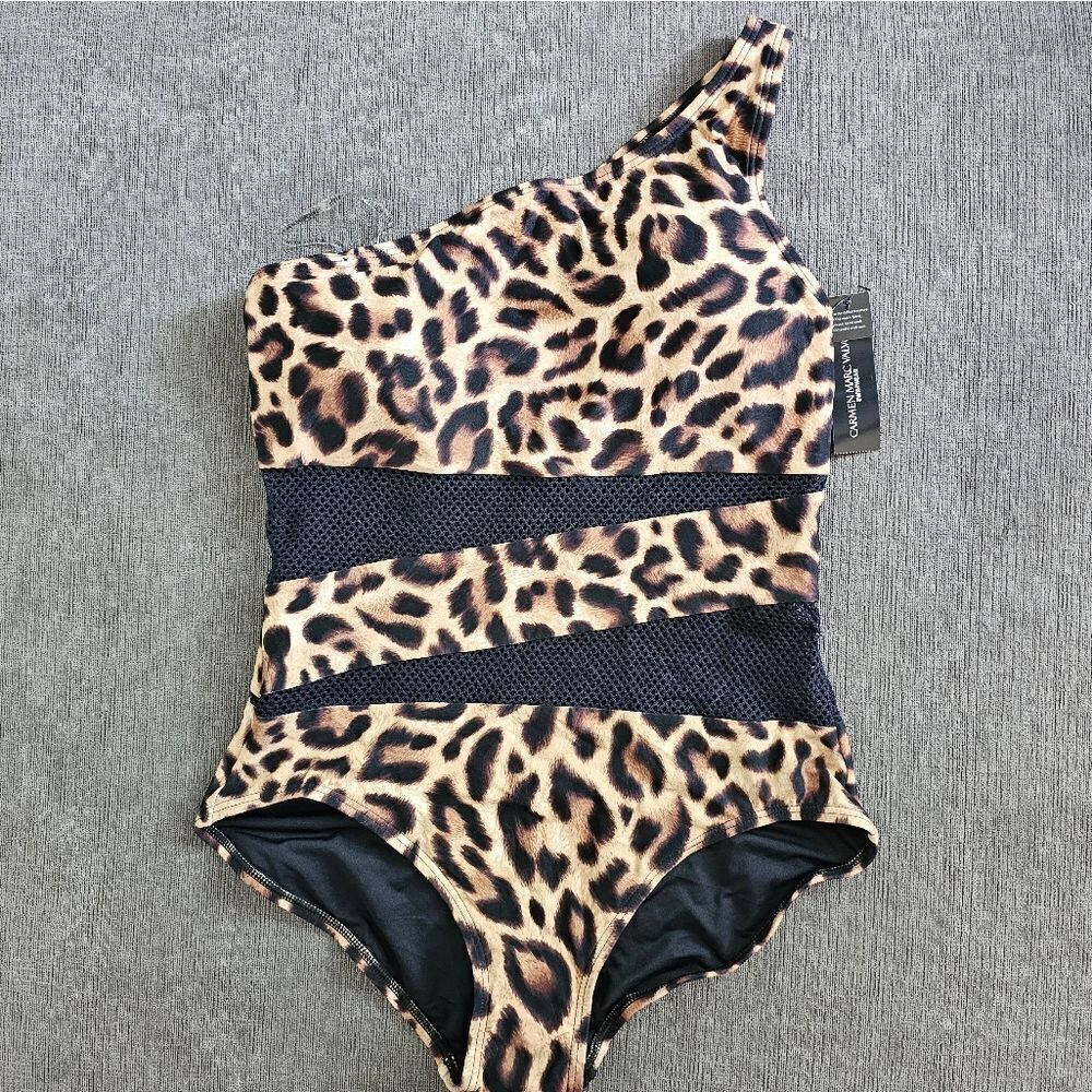 Carmen Marc Valvo animal print one shoulder mesh Panel One Piece Swimsuit sz 12